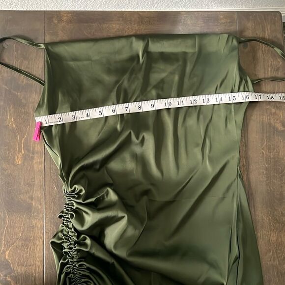 Neck Ruched Drawstring Knot Asymmetrical Satin Cami high thigh slit Dress - Picture 12 of 15